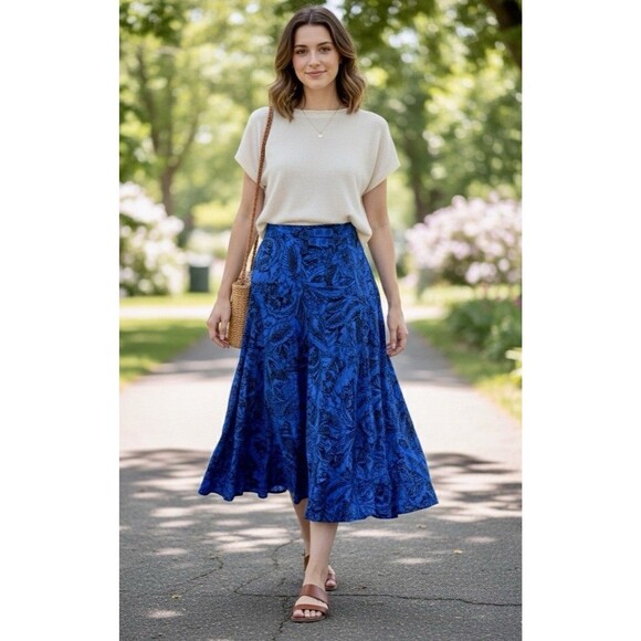 Women's Boho Artsy Blue Botanical Print Midi Skirt Flowy A-Line Tropical 13/14 - Picture 2 of 8